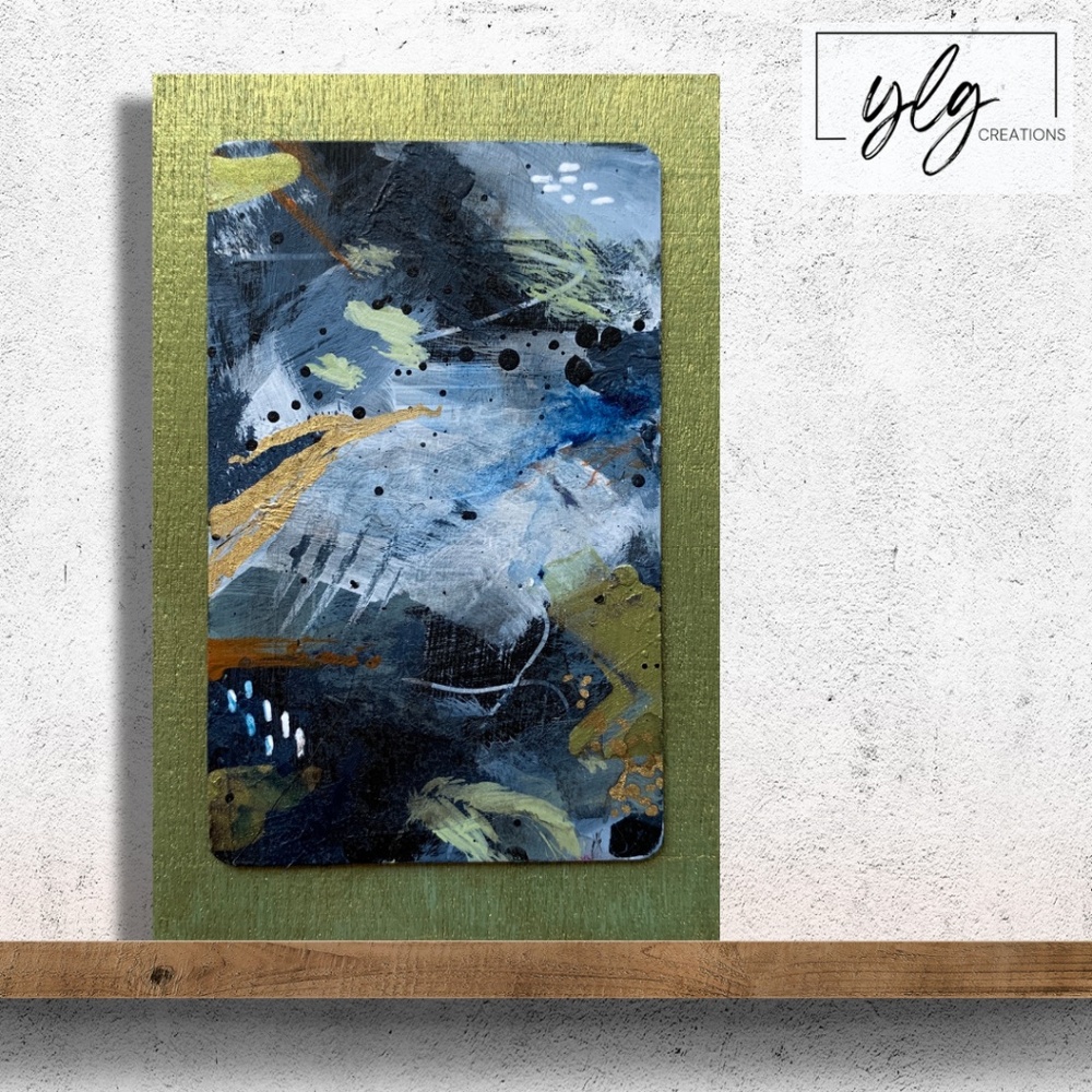 Original Abstract Painting Blue Green Gold Metallic Acrylic Mini Easel Artwork